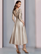 A-Line Mother of the Bride Dress Wedding Guest Elegant V Neck Length Satin Lace Half Sleeve with Pleats Appliques