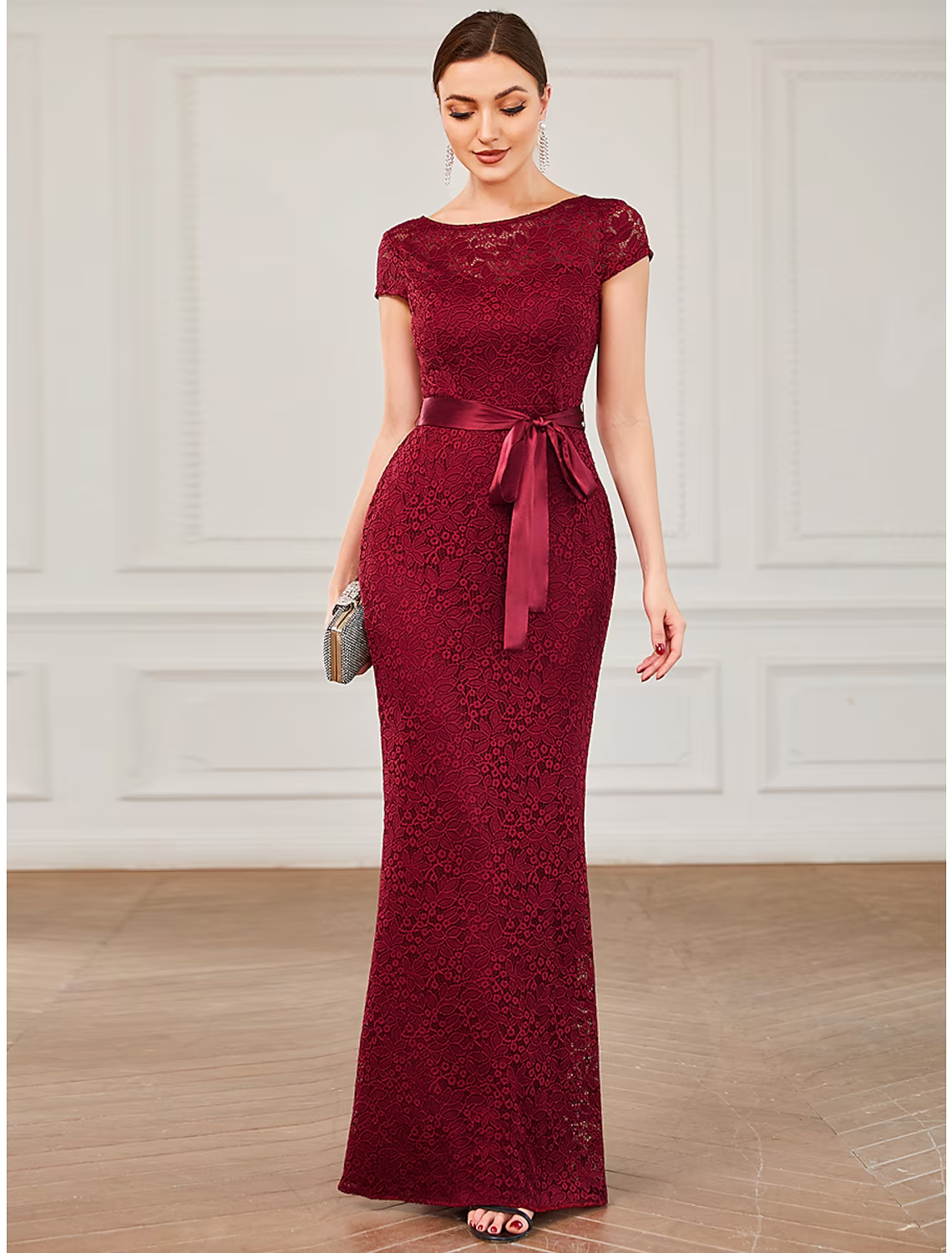 Evening Gown Vintage Dress Formal Floor Length Short Sleeve Jewel Neck Lace V Back with Strappy