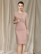 Two Piece Mother of the Bride Dress Church Elegant Knee Length Chiffon Short Sleeve Wrap Included with Tier