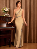 Party Dresses Sexy Dress Wedding Party Floor Length Sleeveless One Shoulder Stretch Satin with Glitter