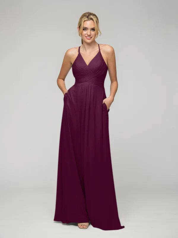 Elegant Chiffon Sweetheart Pocket Bridesmaid Dresses With Crisscross Back For Wedding Party