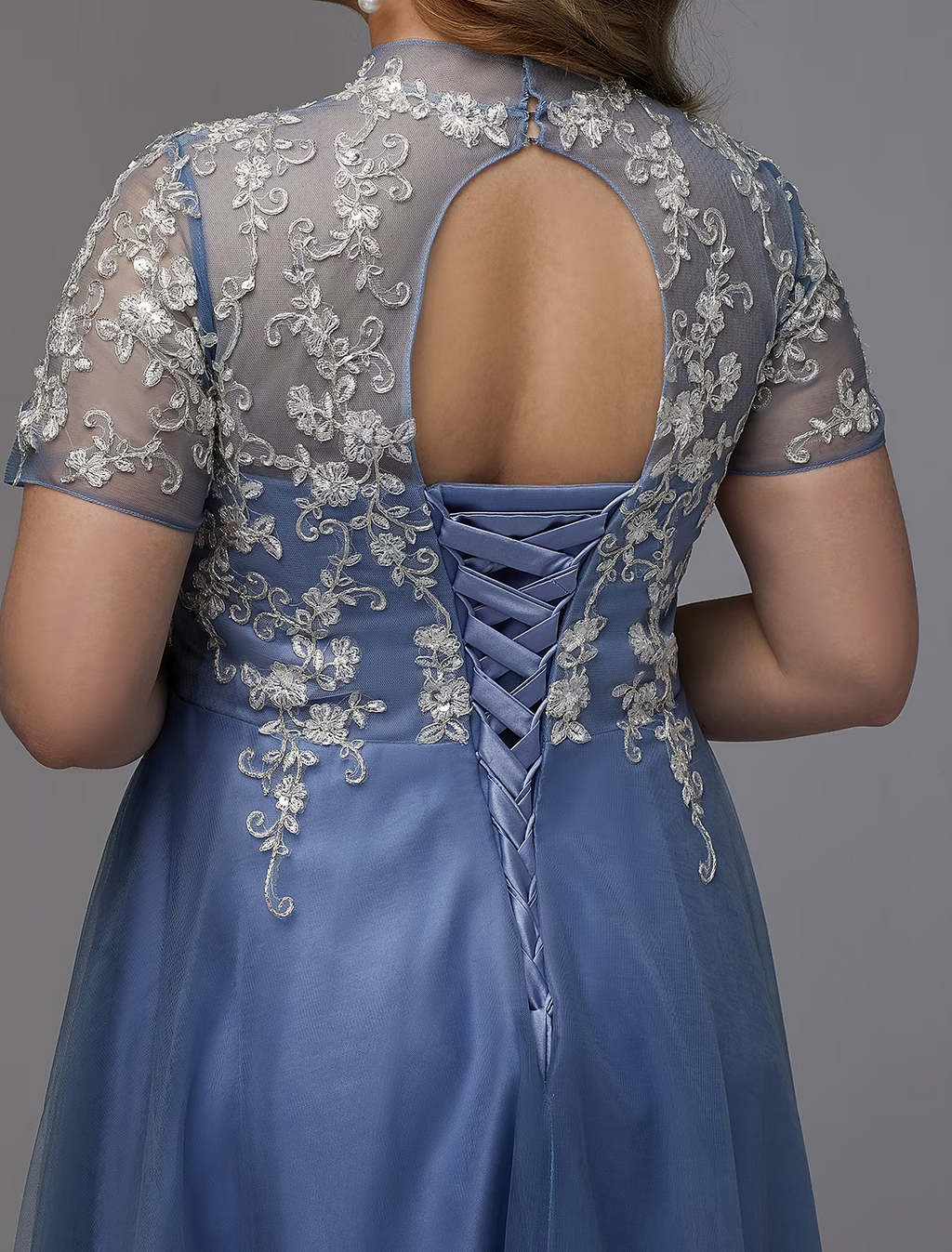 A-Line Plus Size Dress Wedding Guest Floor Length Short Sleeve High Neck Lace Lace-up with Appliques