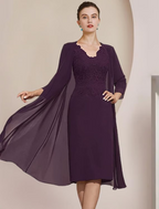 Two Piece Mother of the Bride Dress Formal Wedding Guest Elegant V Neck Knee Length Chiffon Lace Short Sleeve Dresses with Appliques