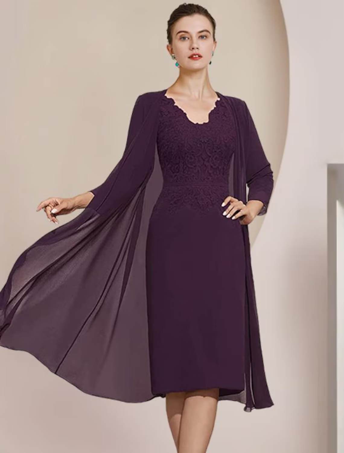 Two Piece Mother of the Bride Dress Formal Wedding Guest Elegant V Neck Knee Length Chiffon Lace Short Sleeve Dresses with Appliques