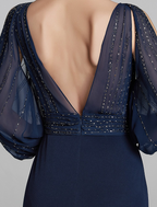 Mother of the Bride Dress Sparkle Shine Boat Neck Floor Length Chiffon Jersey Long Sleeve No with Beading Ruching