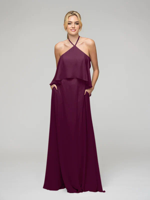 Ruffles Bodice Halter Chiffon Dress For Bridesmaids With Ribbon Detail And Elegant Flowing Silhouette