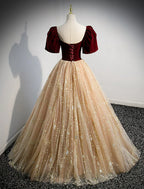 A-Line Sparkle Elegant Wedding Guest Engagement Dress Illusion Neck Short Sleeve Floor Length Tulle with Sequin Tassel Appliques