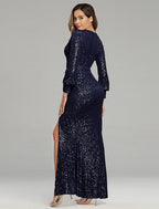 Evening Gown Sparkle Dress Party Wear Floor Length Long Sleeve V Neck Sequined with