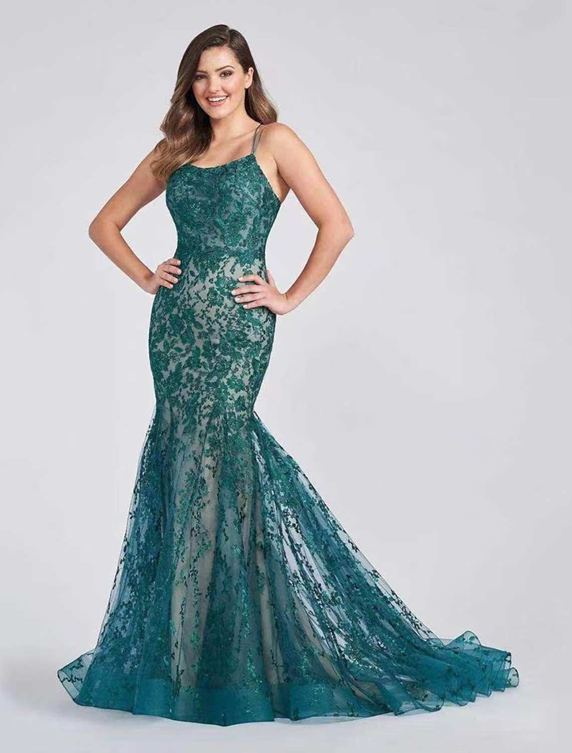 Evening Gown Color Block Dress Formal Court Train Sleeveless Strap Lace Backless with Appliques