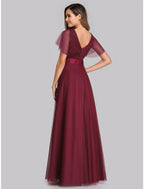 A-Line Prom Dresses Dress Graduation Floor Length Short Sleeve V Neck Chiffon V Back with Ruched Ruffles