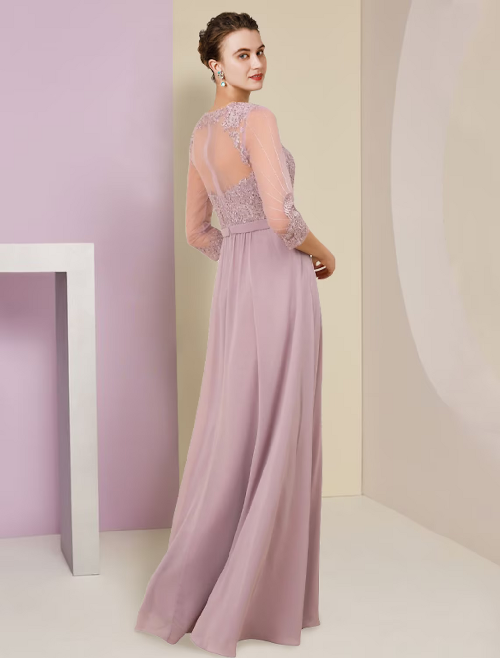 A-Line Mother of the Bride Dress Formal Wedding Guest Elegant V Neck Floor Length Chiffon Lace Sleeve with Pleats Appliques
