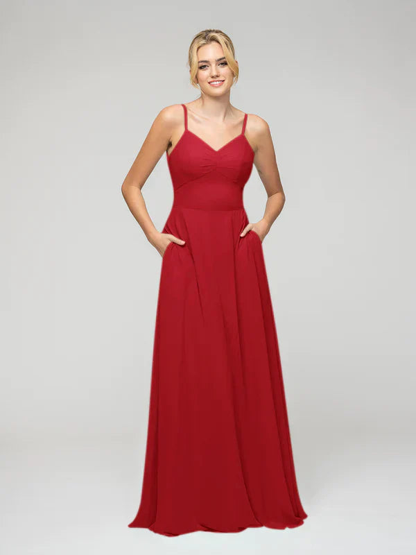 Bridesmaid Dress Spaghetti Strap Tie Back Long Chiffon Elegant Flattering Fit For Bridesmaids