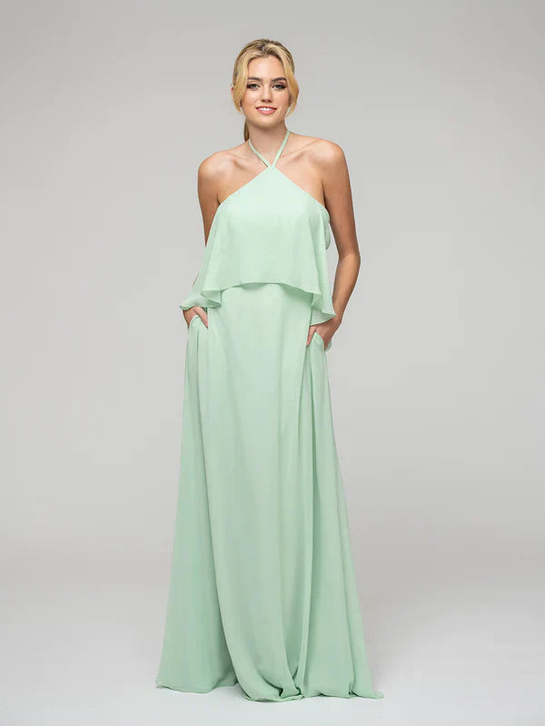 Ruffles Bodice Halter Chiffon Dress For Bridesmaids With Ribbon Detail And Elegant Flowing Silhouette
