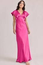 Romantic V-Neck Hot Pink Satin Bridesmaid Dress with Flutter Sleeves, Open Back & Floor-Length Hem