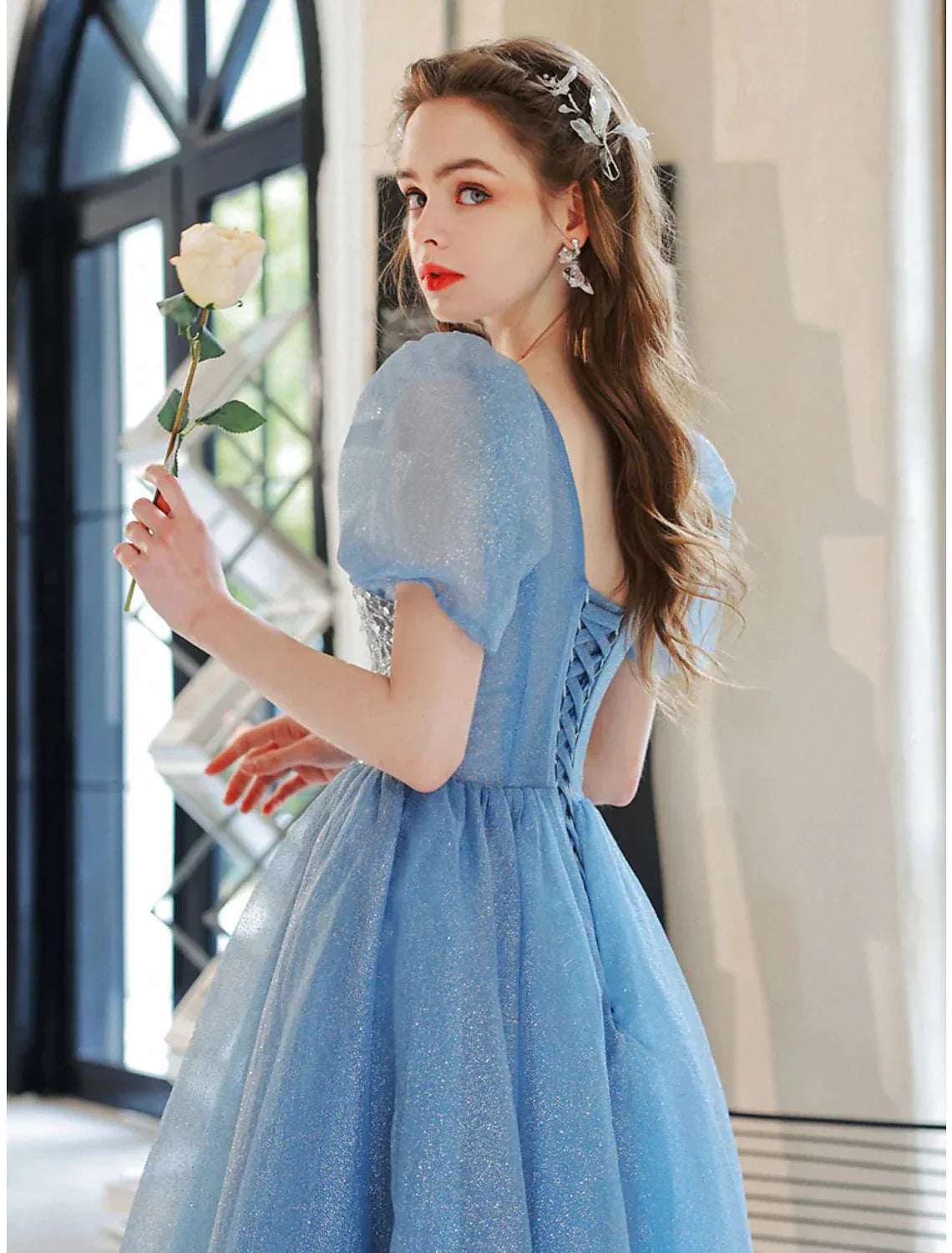 Ball Gown A-Line Evening Gown Floral Dress Prom Floor Length Short Sleeve V Neck Tulle with Glitter Beading Sequin