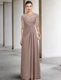 Mother of the Bride Dress Plus Size Elegant Jewel Neck Floor Length Chiffon Lace Short Sleeve with Appliques Side-Draped