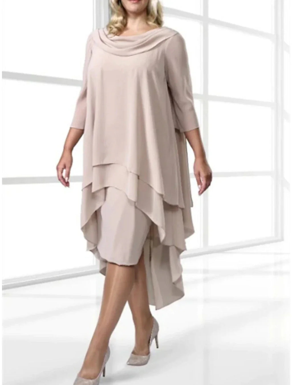 Sheath / Column Mother of the Bride Dress Wedding Guest Simple Scoop Neck Asymmetrical Stretch Chiffon 3/4 Length Sleeve with Ruching Solid Color