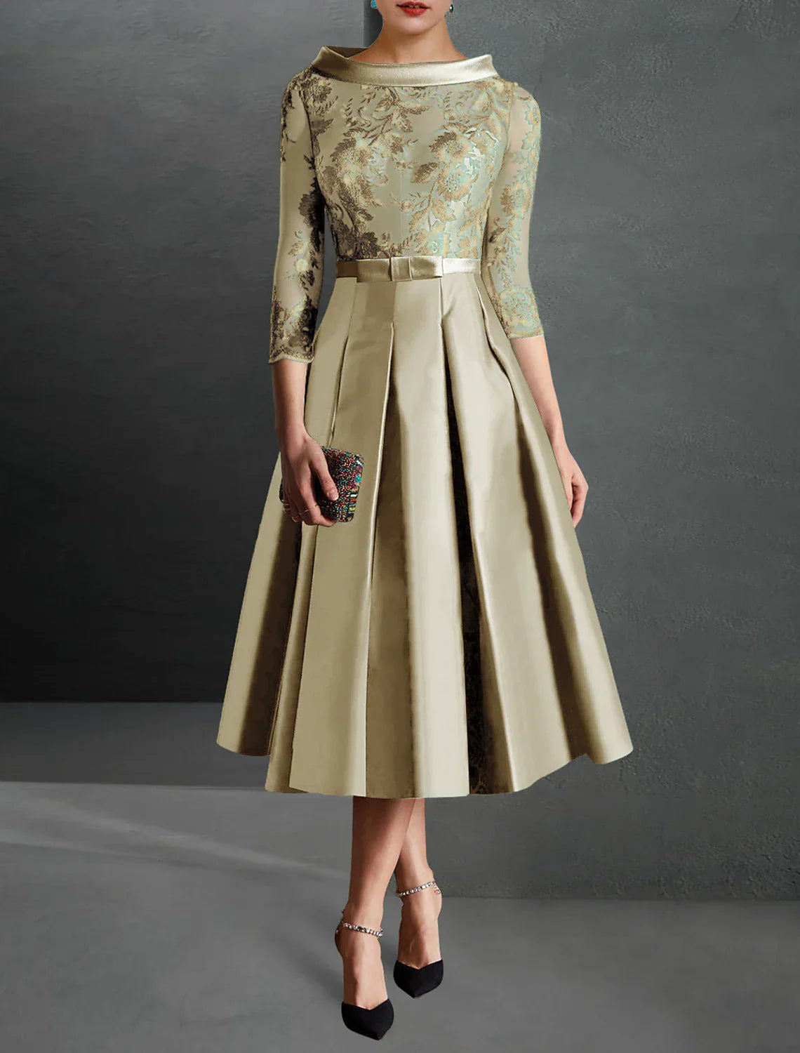 A-Line Cocktail Dresses Elegant Dress Formal Kentucky Derby Tea Length 3/4 Length Sleeve Jewel Neck Fall Wedding Guest Satin with Pleats Appliques