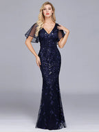Evening Gown Dress Party Wear Floor Length Short Sleeve Tulle with Ruffles Embroidery
