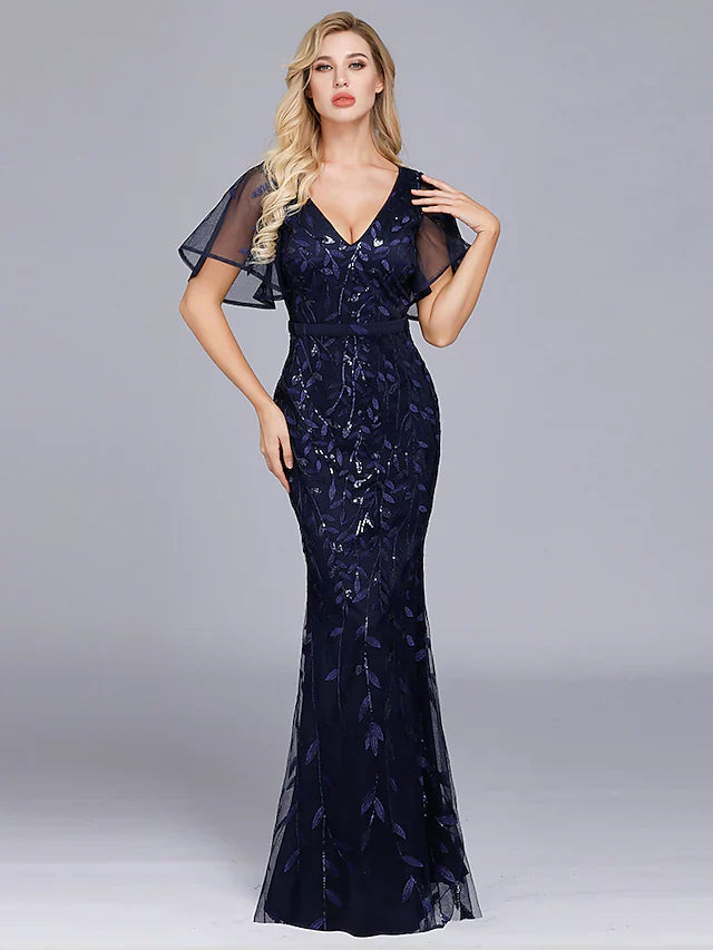 Evening Gown Dress Party Wear Floor Length Short Sleeve Tulle with Ruffles Embroidery