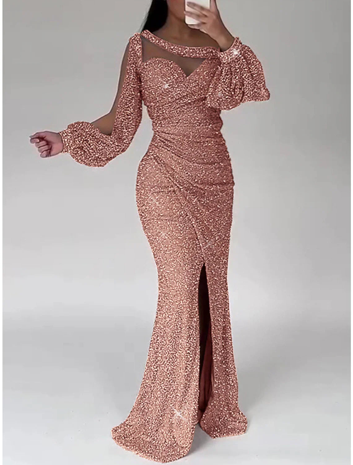 Mermaid Dress Evening Gown Christmas Red Green Dress Formal Sweep / Brush Train Long Sleeve Scoop Neck Sequined with Glitter Ruched Slit