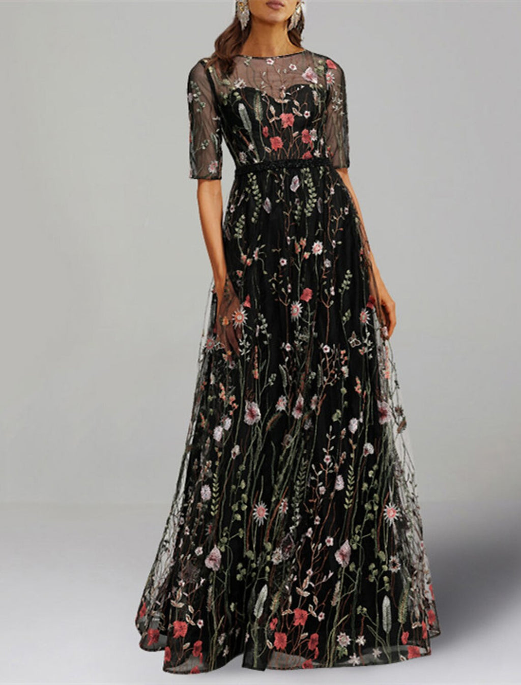 A-Line Prom Dresses Floral Dress Formal Wedding Guest Floor Length Half Sleeve Jewel Neck Charmeuse with Floral Print Embroidery