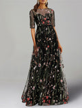 A-Line Prom Dresses Floral Dress Formal Wedding Guest Floor Length Half Sleeve Jewel Neck Charmeuse with Floral Print Embroidery