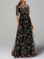 A-Line Prom Dresses Floral Dress Formal Wedding Guest Floor Length Half Sleeve Jewel Neck Charmeuse with Floral Print Embroidery