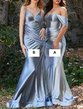 Bridesmaids Dress Mermaid Trumpet Silhouette In Blue Satin Off Shoulder Sleeveless With Ruching And Court Train