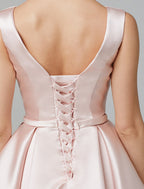 A-Line Cute Dress Homecoming Knee Length Sleeveless V Wire Satin with Bow(s) Pleats