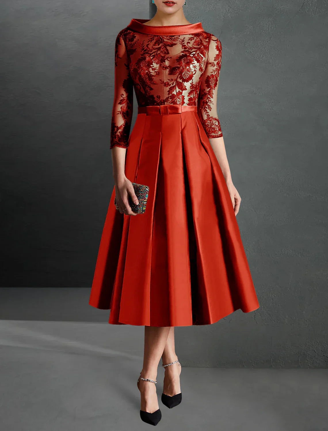 A-Line Cocktail Dresses Elegant Dress Formal Kentucky Derby Tea Length 3/4 Length Sleeve Jewel Neck Fall Wedding Guest Satin with Pleats Appliques