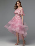 A-Line Elegant Dress Asymmetrical Sleeveless Neck Lace Tie Back with Lace