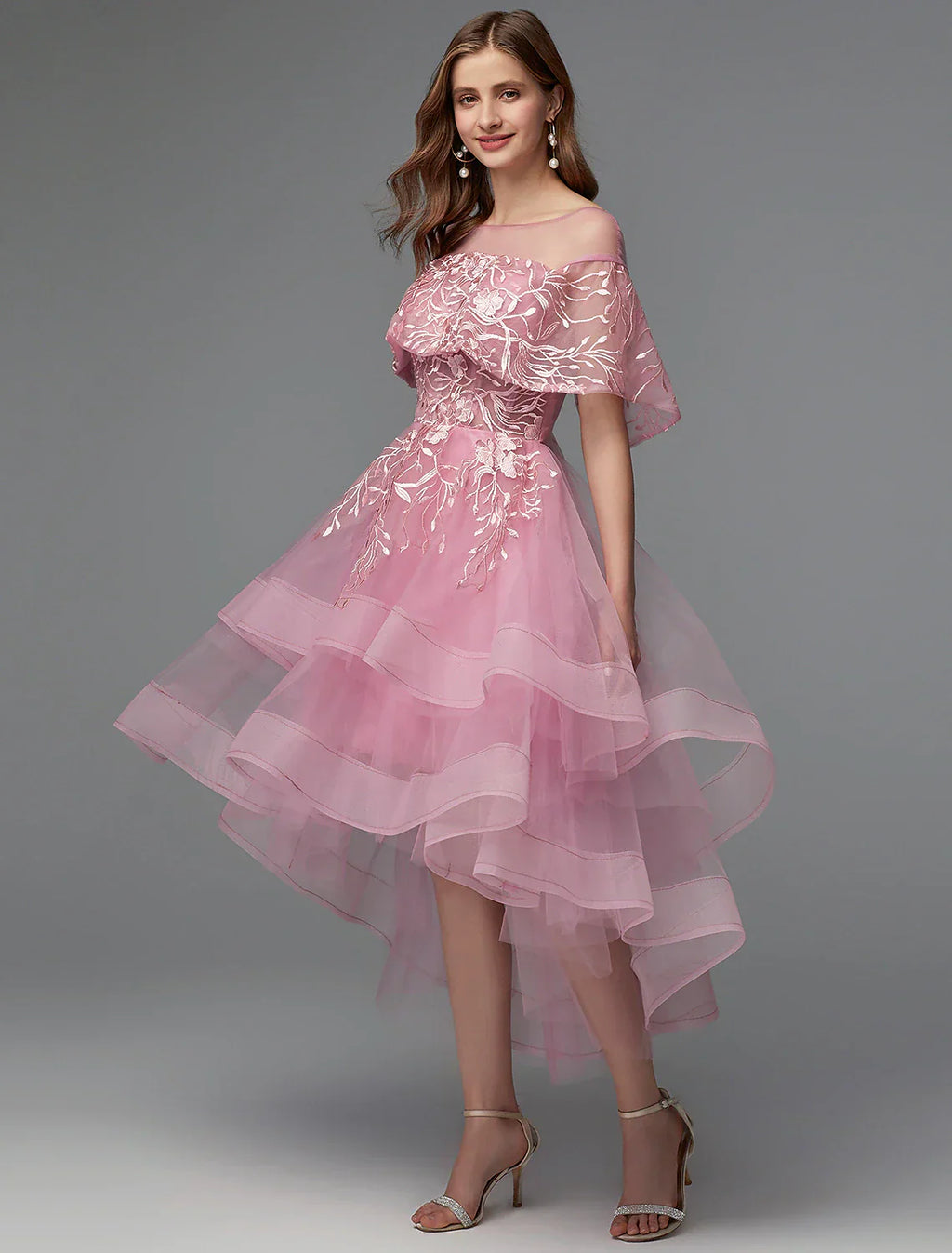 A-Line Elegant Dress Holiday Wedding Guest Asymmetrical Sleeveless Illusion Neck Lace Tie Back with Lace