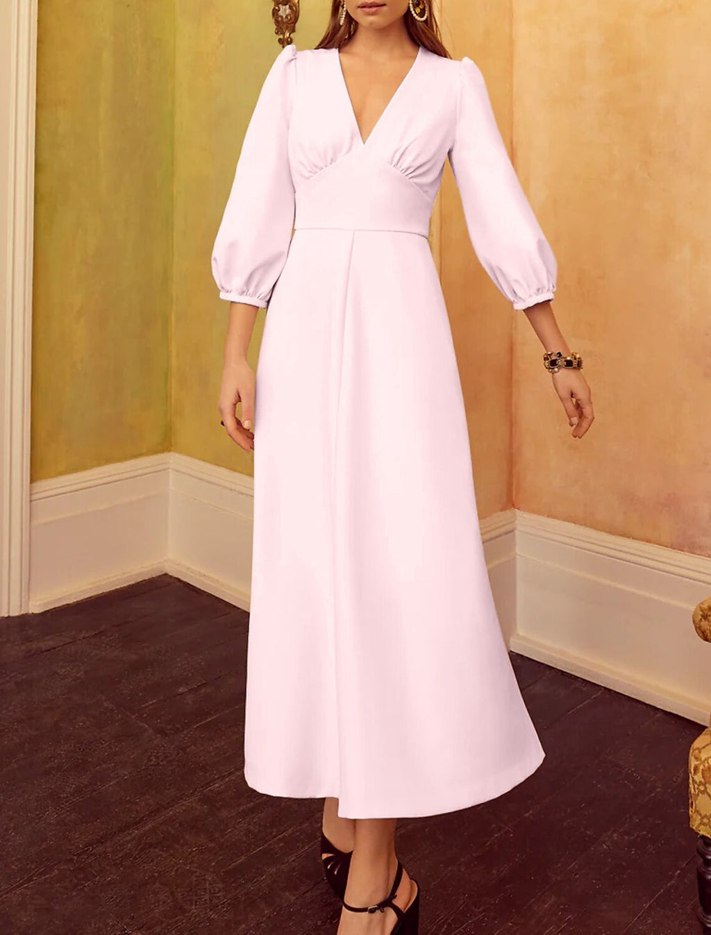 A-Line Mother of the Bride Dress Formal Wedding Guest Elegant V Neck Tea Length Chiffon Sequined 3/4 Length Sleeve with Solid Color