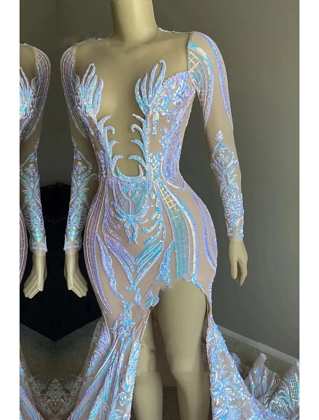 Evening Gown Floral Dress Formal Chapel Train Long Sleeve V Neck Sequined Backless with Sequin Slit