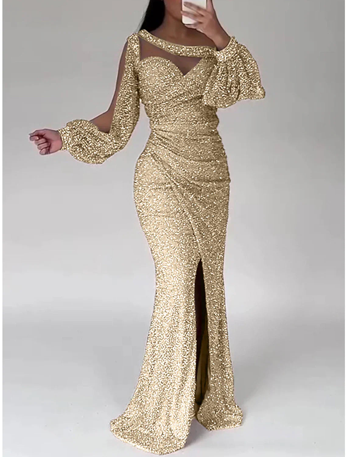 Mermaid Dress Evening Gown Christmas Red Green Dress Formal Sweep / Brush Train Long Sleeve Scoop Neck Sequined with Glitter Ruched Slit