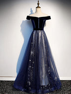 A-Line Elegant Floral Prom Formal Evening Dress Off Shoulder Short Sleeve Sweep / Brush Train Tulle with Pleats Pattern