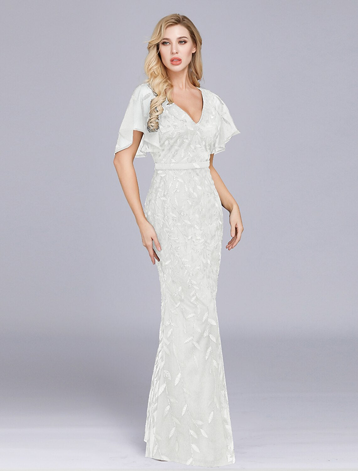Mermaid / Trumpet Evening Gown Empire Dress Party Wear Floor Length Short Sleeve Jewel Neck Tulle with Ruffles Embroidery