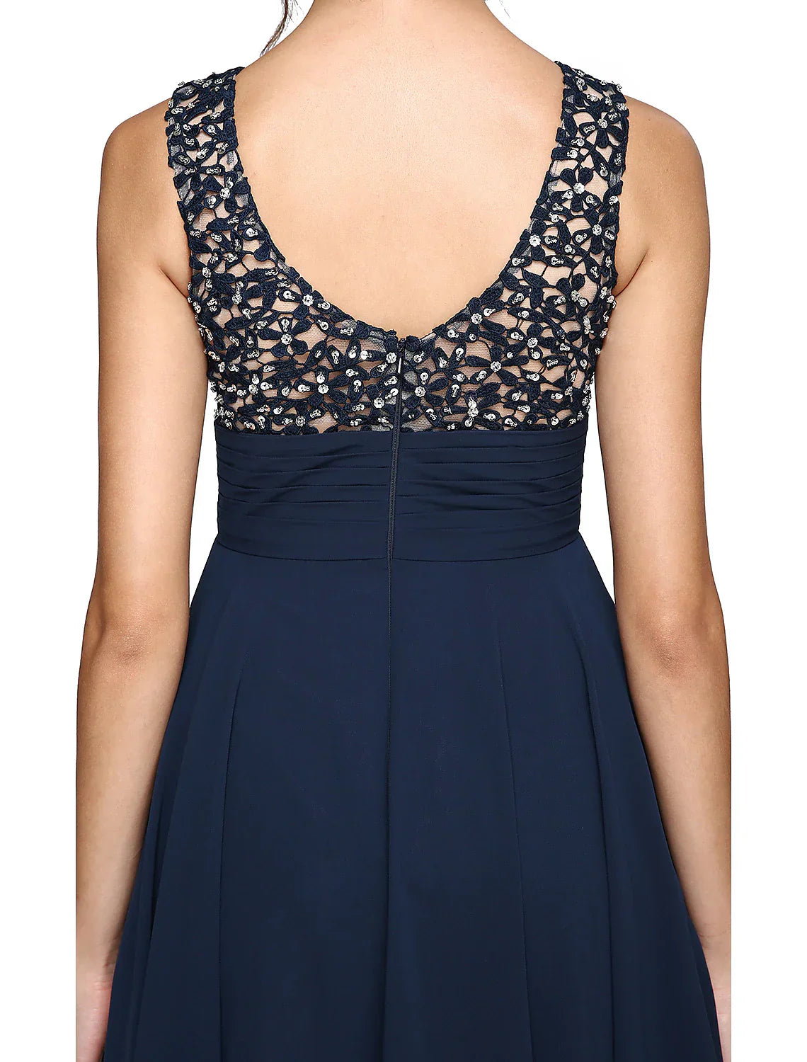 A-Line Cocktail Dresses Party Dress Wedding Guest Cocktail Party Knee Length Sleeveless Illusion Neck Chiffon with Ruched Sequin