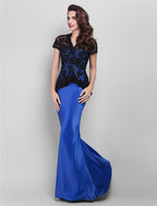 Holiday Cocktail Party Prom Dress V Neck Short Sleeve Floor Length Lace with Lace Appliques