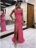Prom Dresses Sparkle Shine Dress Formal Sleeveless One Shoulder Sequined with Slit