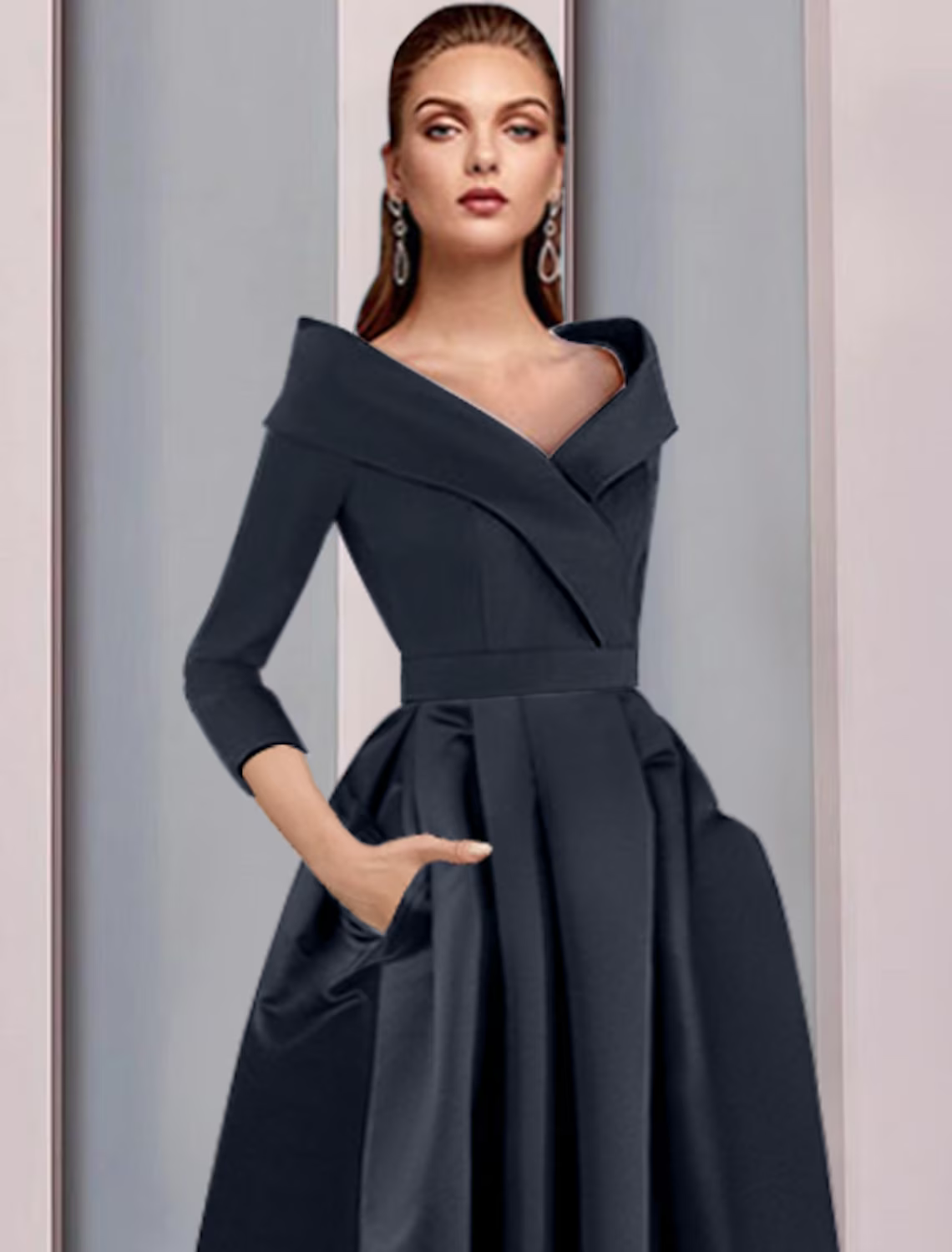 A-Line Mother of the Bride Dress Wedding Guest Vintage Plus Size Elegant V Neck Length Satin 3/4 Length Sleeve with Pleats