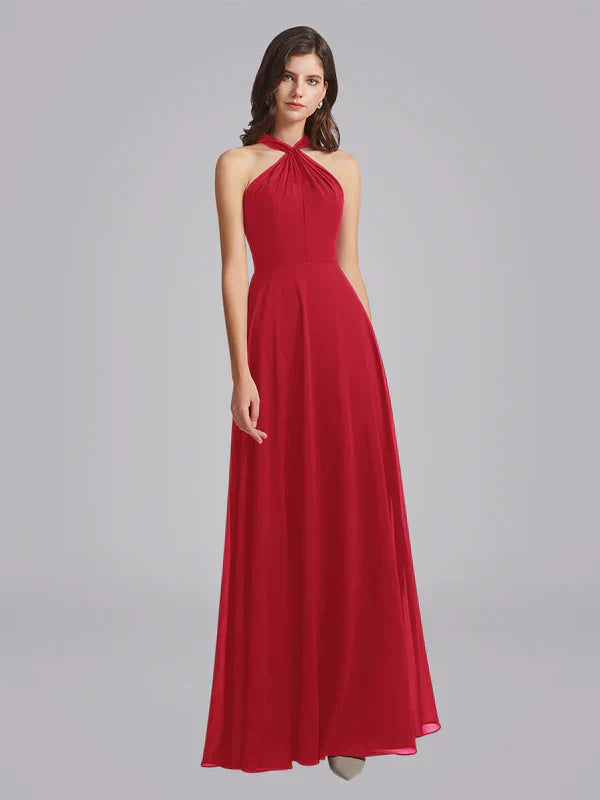 Halter Neckline Chiffon A Line Bridesmaid Dress For Elegant Bridal Party In Soft Pastel Tones