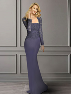 Mother of the Bride Dress Elegant Square Neck Chiffon Lace Long Sleeve with Appliques