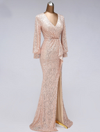 Evening Gown Elegant Dress Wedding Guest Floor Length Long Sleeve V Neck Tulle with Sequin Slit
