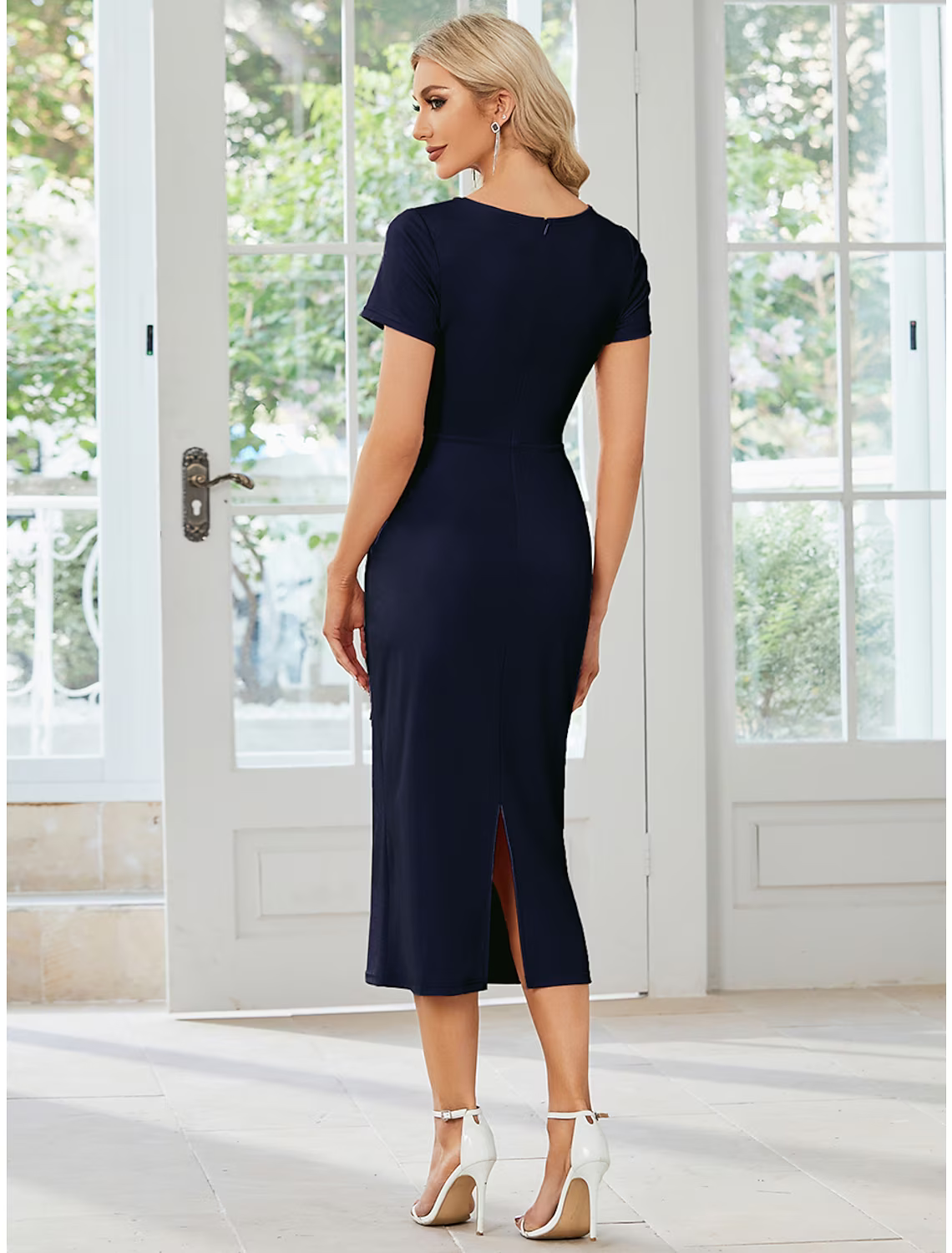 Wedding Guest Dresses Dress Party Wear Length Short Sleeve V Neck Stretch Fabric with Slit Strappy