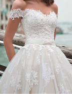Engagement Formal Wedding Dresses Chapel Train Ball Gown Short Sleeve Off Shoulder Lace With Appliques