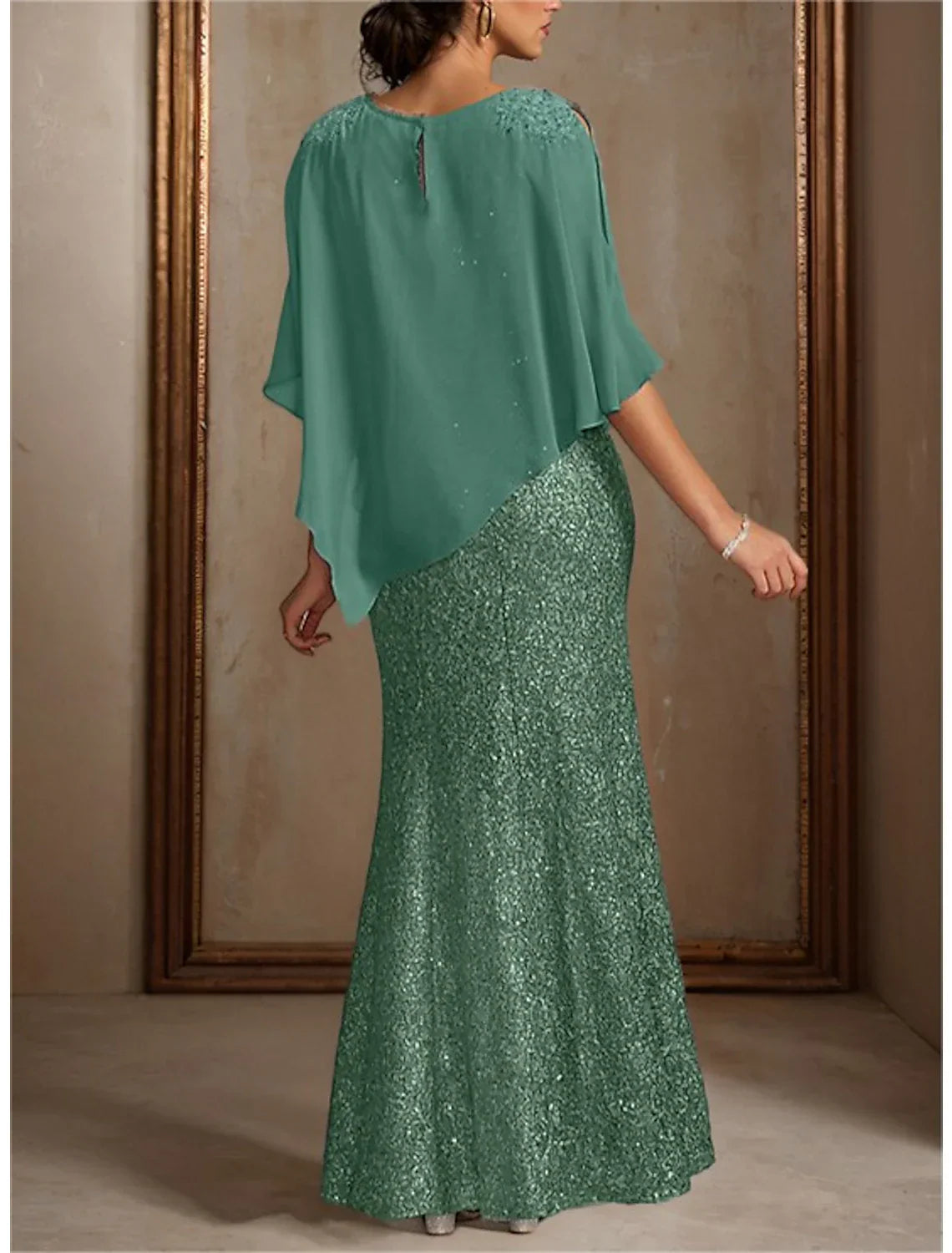 Two Piece Mermaid / Trumpet Mother of the Bride Dress Formal Wedding Guest Elegant Jewel Neck Floor Length Chiffon Sequined 3/4 Length Sleeve Wrap Included with Beading Sequin