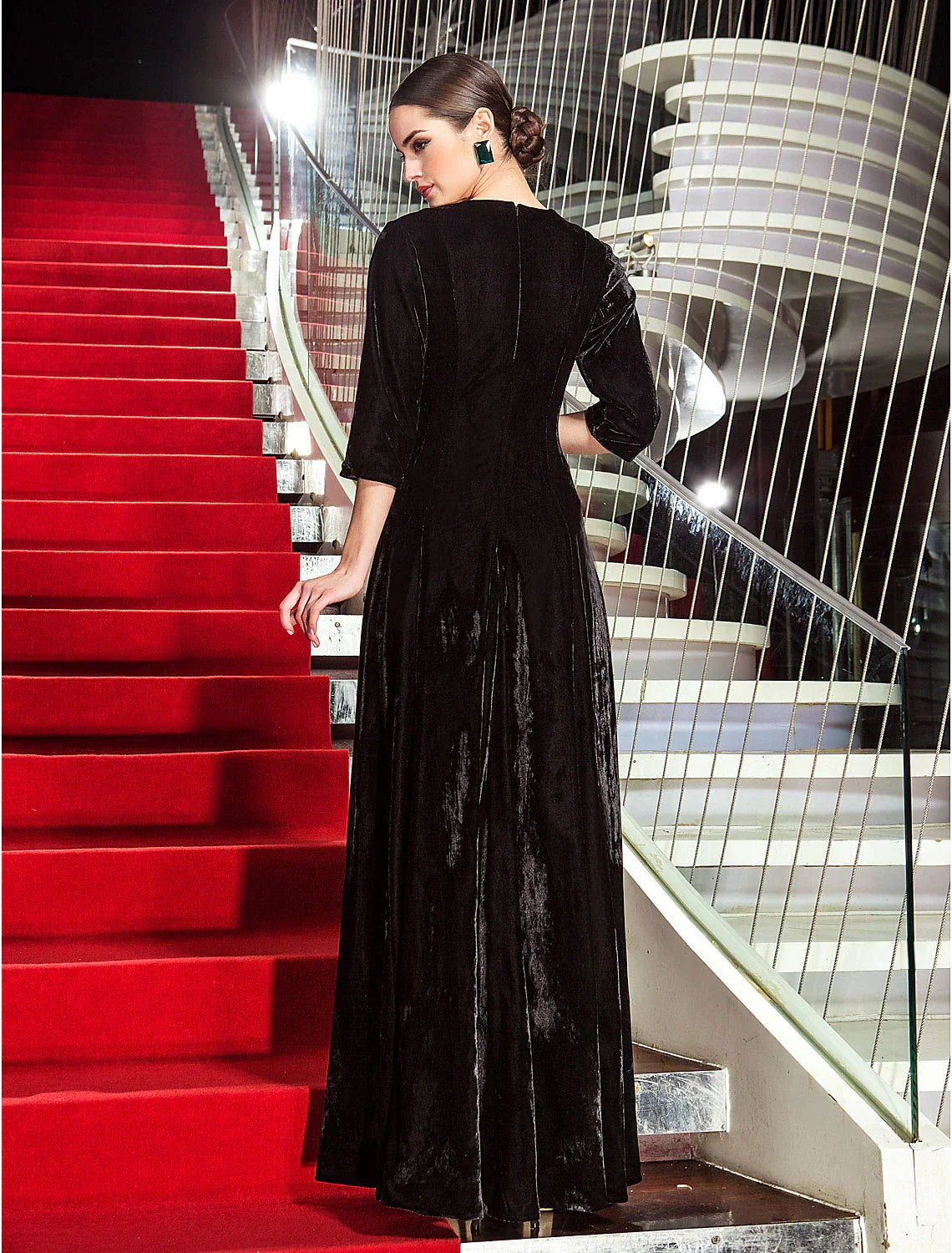 A-Line Vintage Dress Wedding Guest Formal Evening Floor Length 3/4 Length Sleeve Jewel Neck Velvet with Pleats
