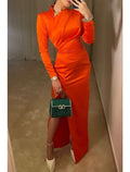 Sheath / Column Evening Gown Elegant Dress Formal Christmas Floor Length Long Sleeve High Neck Satin with Slit